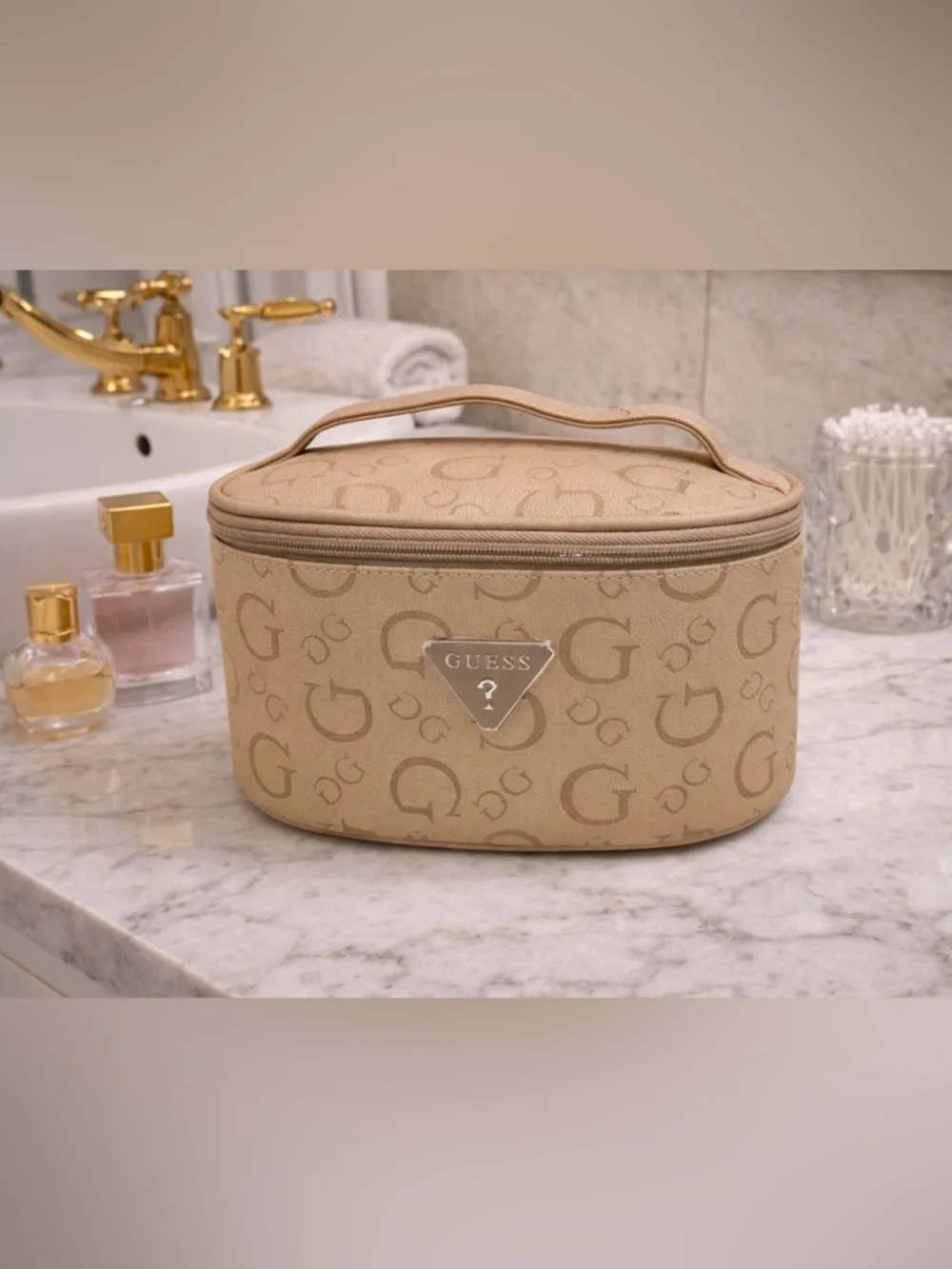 Guess Beige Monogram Travel Cosmetic Case NWT